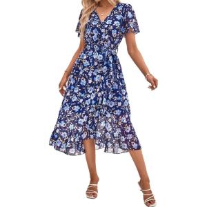 PRETTYGARDEN Women’s Summer Floral Boho Maxi Dress Short Sleeve Wrap V Neck Ruffle Long Flowy Beach Wedding Guest Dresses(Navy White Floral)