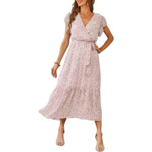 PRETTYGARDEN Women’s Summer Floral Boho Maxi Dress Short Sleeve Wrap V Neck Ruffle Long Flowy Beach Wedding Guest Dresses(Pink)