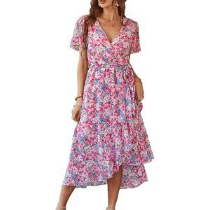 PRETTYGARDEN Women’s Summer Floral Boho Maxi Dress Short Sleeve Wrap V Neck Ruffle Long Flowy Beach Wedding Guest Dresses(Pink Floral)