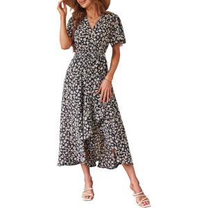 PRETTYGARDEN Women’s Summer Floral Boho Maxi Dress Short Sleeve Wrap V Neck Ruffle Long Flowy Beach Wedding Guest Dresses(Print Black)