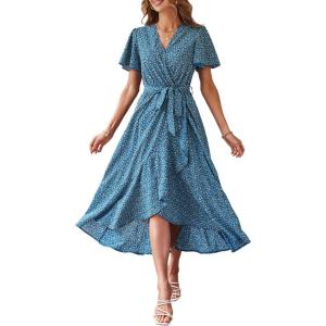PRETTYGARDEN Women’s Summer Floral Boho Maxi Dress Short Sleeve Wrap V Neck Ruffle Long Flowy Beach Wedding Guest Dresses(Print Blue)