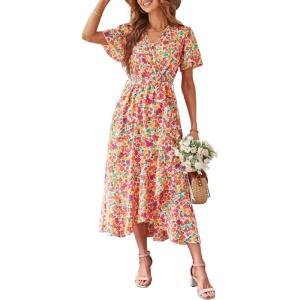 PRETTYGARDEN Women’s Summer Floral Boho Maxi Dress Short Sleeve Wrap V Neck Ruffle Long Flowy Beach Wedding Guest Dresses(Print White Pink)