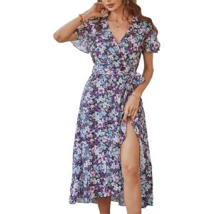 PRETTYGARDEN Women’s Summer Floral Boho Maxi Dress Short Sleeve Wrap V Neck Ruffle Long Flowy Beach Wedding Guest Dresses(Purple Floral)