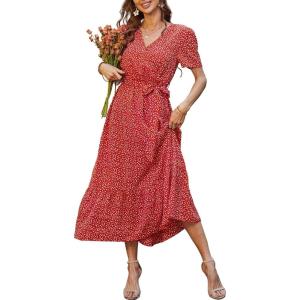 PRETTYGARDEN Women’s Summer Floral Boho Maxi Dress Short Sleeve Wrap V Neck Ruffle Long Flowy Beach Wedding Guest Dresses(Red Floral)