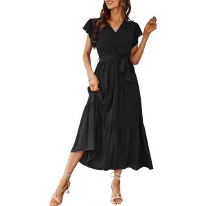 PRETTYGARDEN Women’s Summer Floral Boho Maxi Dress Short Sleeve Wrap V Neck Ruffle Long Flowy Beach Wedding Guest Dresses(Solid Black)