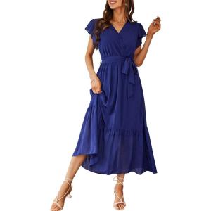 PRETTYGARDEN Women’s Summer Floral Boho Maxi Dress Short Sleeve Wrap V Neck Ruffle Long Flowy Beach Wedding Guest Dresses(Solid Blue)