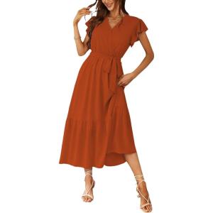 PRETTYGARDEN Women’s Summer Floral Boho Maxi Dress Short Sleeve Wrap V Neck Ruffle Long Flowy Beach Wedding Guest Dresses(Solid Brick Red)