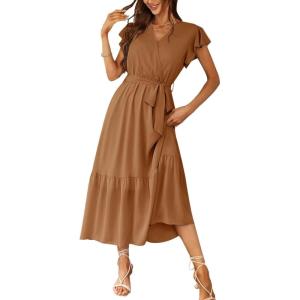 PRETTYGARDEN Women’s Summer Floral Boho Maxi Dress Short Sleeve Wrap V Neck Ruffle Long Flowy Beach Wedding Guest Dresses(Solid Brown)