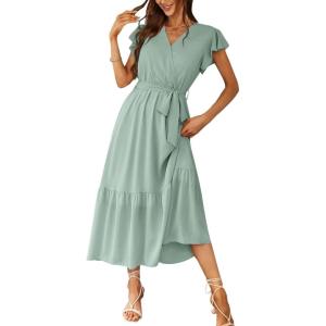 PRETTYGARDEN Women’s Summer Floral Boho Maxi Dress Short Sleeve Wrap V Neck Ruffle Long Flowy Beach Wedding Guest Dresses(Solid Green)