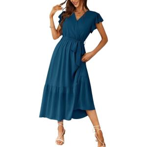 PRETTYGARDEN Women’s Summer Floral Boho Maxi Dress Short Sleeve Wrap V Neck Ruffle Long Flowy Beach Wedding Guest Dresses(Solid Lake Blue)