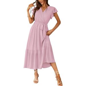 PRETTYGARDEN Women’s Summer Floral Boho Maxi Dress Short Sleeve Wrap V Neck Ruffle Long Flowy Beach Wedding Guest Dresses(Solid Pink)