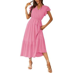 PRETTYGARDEN Women’s Summer Floral Boho Maxi Dress Short Sleeve Wrap V Neck Ruffle Long Flowy Beach Wedding Guest Dresses(Solid Rose Pink)