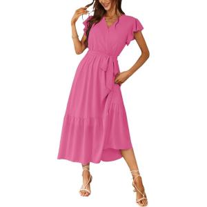 PRETTYGARDEN Women’s Summer Floral Boho Maxi Dress Short Sleeve Wrap V Neck Ruffle Long Flowy Beach Wedding Guest Dresses(Solid Rose Red)