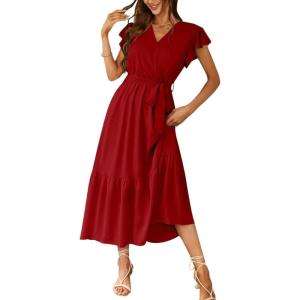 PRETTYGARDEN Women’s Summer Floral Boho Maxi Dress Short Sleeve Wrap V Neck Ruffle Long Flowy Beach Wedding Guest Dresses(Solid Wine Red)