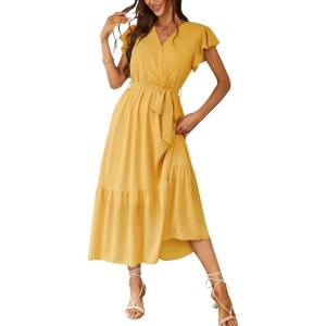 PRETTYGARDEN Women’s Summer Floral Boho Maxi Dress Short Sleeve Wrap V Neck Ruffle Long Flowy Beach Wedding Guest Dresses(Solid Yellow)