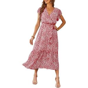PRETTYGARDEN Women’s Summer Floral Boho Maxi Dress Short Sleeve Wrap V Neck Ruffle Long Flowy Beach Wedding Guest Dresses(Wine Red)