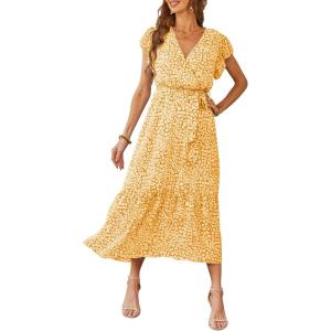 PRETTYGARDEN Women’s Summer Floral Boho Maxi Dress Short Sleeve Wrap V Neck Ruffle Long Flowy Beach Wedding Guest Dresses(Yellow)