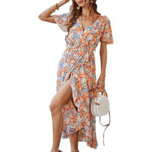 PRETTYGARDEN Women’s Summer Floral Boho Maxi Dress Short Sleeve Wrap V Neck Ruffle Long Flowy Beach Wedding Guest Dresses(Yellow Floral)