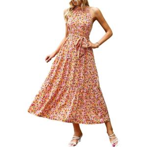 PRETTYGARDEN Women’s Summer Floral Maxi Sun Dress Sleeveless Halter Neck Flowy Ruffle Hem Long Boho Dresses with Belt(Floral Apricot)