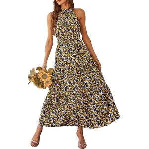PRETTYGARDEN Women’s Summer Floral Maxi Sun Dress Sleeveless Halter Neck Flowy Ruffle Hem Long Boho Dresses with Belt(Floral Black)