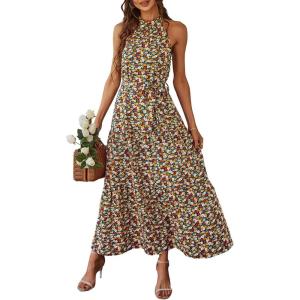PRETTYGARDEN Women’s Summer Floral Maxi Sun Dress Sleeveless Halter Neck Flowy Ruffle Hem Long Boho Dresses with Belt(Floral Blue)