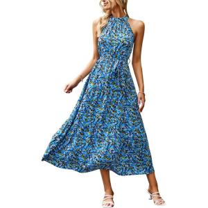 PRETTYGARDEN Women’s Summer Floral Maxi Sun Dress Sleeveless Halter Neck Flowy Ruffle Hem Long Boho Dresses with Belt(Floral Bright Blue)