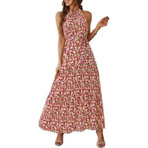 PRETTYGARDEN Women’s Summer Floral Maxi Sun Dress Sleeveless Halter Neck Flowy Ruffle Hem Long Boho Dresses with Belt(Floral Pink)