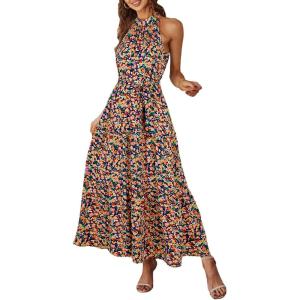 PRETTYGARDEN Women’s Summer Floral Maxi Sun Dress Sleeveless Halter Neck Flowy Ruffle Hem Long Boho Dresses with Belt(Floral Royal Blue)