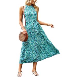 PRETTYGARDEN Women’s Summer Floral Maxi Sun Dress Sleeveless Halter Neck Flowy Ruffle Hem Long Boho Dresses with Belt(Floral Sky Blue)