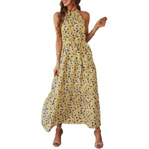 PRETTYGARDEN Women’s Summer Floral Maxi Sun Dress Sleeveless Halter Neck Flowy Ruffle Hem Long Boho Dresses with Belt(Floral Yellow)