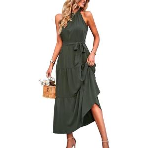 PRETTYGARDEN Women’s Summer Floral Maxi Sun Dress Sleeveless Halter Neck Flowy Ruffle Hem Long Boho Dresses with Belt(Solid Army Green)
