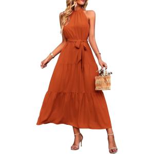 PRETTYGARDEN Women’s Summer Floral Maxi Sun Dress Sleeveless Halter Neck Flowy Ruffle Hem Long Boho Dresses with Belt(Solid Brown)