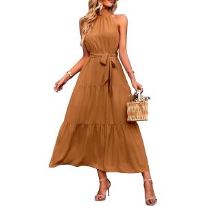 PRETTYGARDEN Women’s Summer Floral Maxi Sun Dress Sleeveless Halter Neck Flowy Ruffle Hem Long Boho Dresses with Belt(Solid Light Brown)