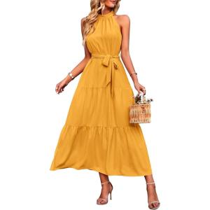 PRETTYGARDEN Women’s Summer Floral Maxi Sun Dress Sleeveless Halter Neck Flowy Ruffle Hem Long Boho Dresses with Belt(Solid Turmeric)