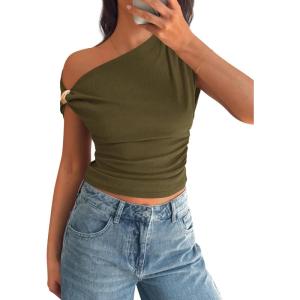 PRETTYGARDEN Womens Summer Off The Shoulder Crop Tops Ribbed Going Out Fitting T Shirts Trendy Spring Y2k Clothes 2026(Army Green)