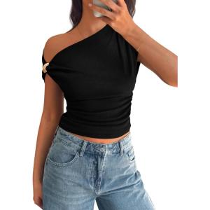 PRETTYGARDEN Womens Summer Off The Shoulder Crop Tops Ribbed Going Out Fitting T Shirts Trendy Spring Y2k Clothes 2026(Black)