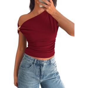 PRETTYGARDEN Womens Summer Off The Shoulder Crop Tops Ribbed Going Out Fitting T Shirts Trendy Spring Y2k Clothes 2026(Burgundy)