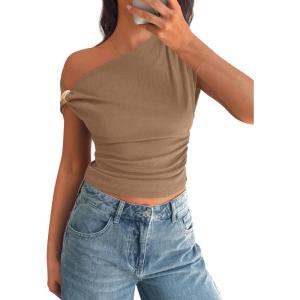 PRETTYGARDEN Womens Summer Off The Shoulder Crop Tops Ribbed Going Out Fitting T Shirts Trendy Spring Y2k Clothes 2026(Khaki)