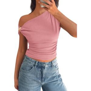 PRETTYGARDEN Womens Summer Off The Shoulder Crop Tops Ribbed Going Out Fitting T Shirts Trendy Spring Y2k Clothes 2026(Pink)