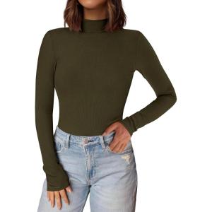 PRETTYGARDEN Women’s Turtleneck Long Sleeve Shirts 2025 Fall Basic Tees Ribbed Fitted Tops Thermal Layering Knit Top Clothes(Army Green)