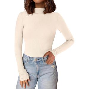 PRETTYGARDEN Women’s Turtleneck Long Sleeve Shirts 2025 Fall Basic Tees Ribbed Fitted Tops Thermal Layering Knit Top Clothes(Beige)