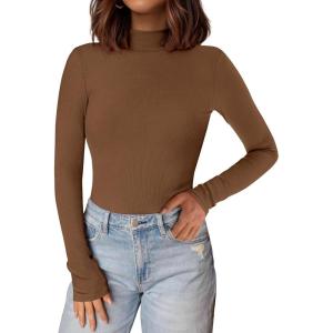PRETTYGARDEN Women’s Turtleneck Long Sleeve Shirts 2025 Fall Basic Tees Ribbed Fitted Tops Thermal Layering Knit Top Clothes(Brown)