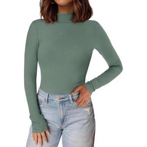 PRETTYGARDEN Women’s Turtleneck Long Sleeve Shirts 2025 Fall Basic Tees Ribbed Fitted Tops Thermal Layering Knit Top Clothes(Grey Green)