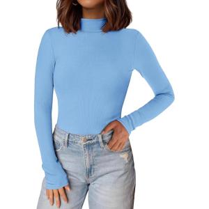 PRETTYGARDEN Women’s Turtleneck Long Sleeve Shirts 2025 Fall Basic Tees Ribbed Fitted Tops Thermal Layering Knit Top Clothes(Light Blue)