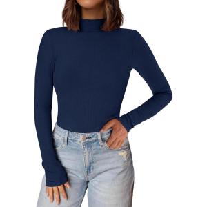 PRETTYGARDEN Women’s Turtleneck Long Sleeve Shirts 2025 Fall Basic Tees Ribbed Fitted Tops Thermal Layering Knit Top Clothes(Navy)