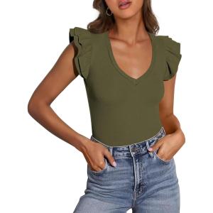 PRETTYGARDEN Womens V Neck Summer Tops Ruffle Sleeveless Slim Fit T Shirts Going Out Casual Blouses 2026(Army Green)
