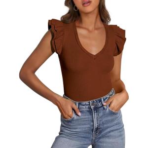 PRETTYGARDEN Womens V Neck Summer Tops Ruffle Sleeveless Slim Fit T Shirts Going Out Casual Blouses 2026(Brown)