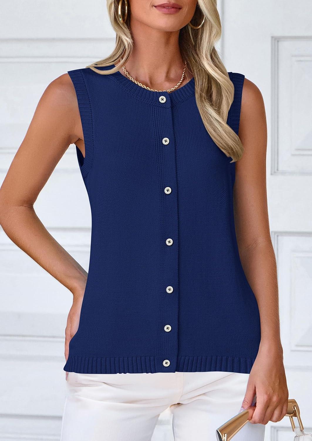 imagePRETTYGARDEN Sweater Vest Tops for Women 2026 Lightweight Summer Cardigan Sleeveless Button Up Knit Casual Spring ClothesDark Blue