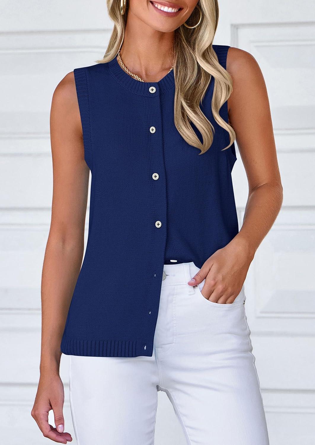 imagePRETTYGARDEN Sweater Vest Tops for Women 2026 Lightweight Summer Cardigan Sleeveless Button Up Knit Casual Spring ClothesDark Blue
