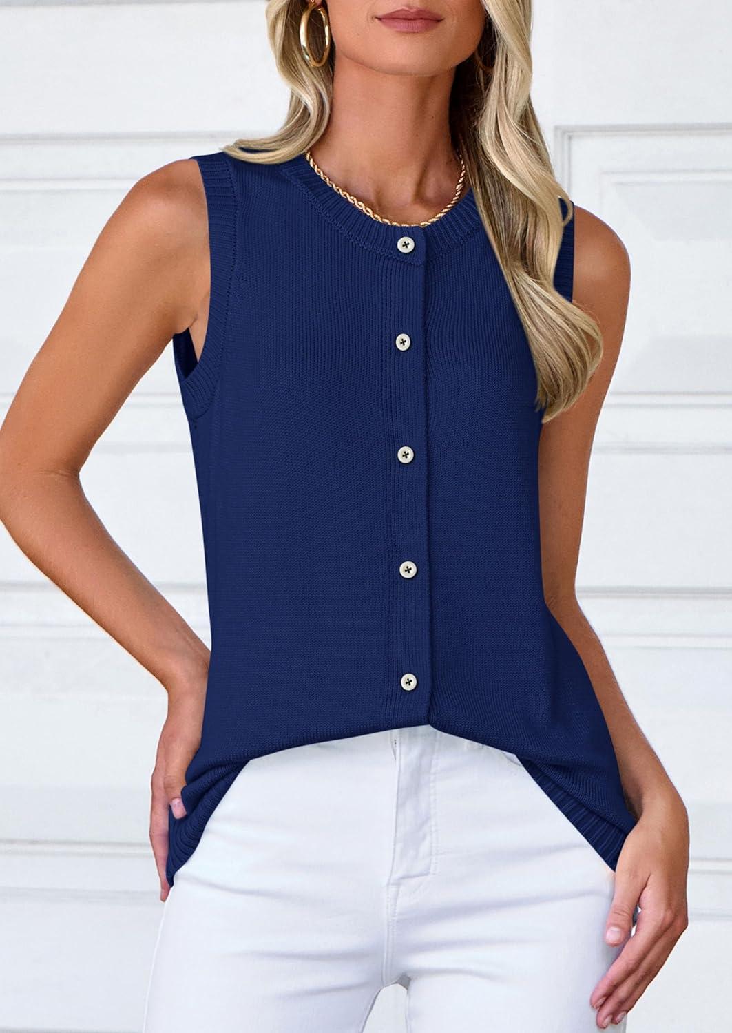 imagePRETTYGARDEN Sweater Vest Tops for Women 2026 Lightweight Summer Cardigan Sleeveless Button Up Knit Casual Spring ClothesDark Blue